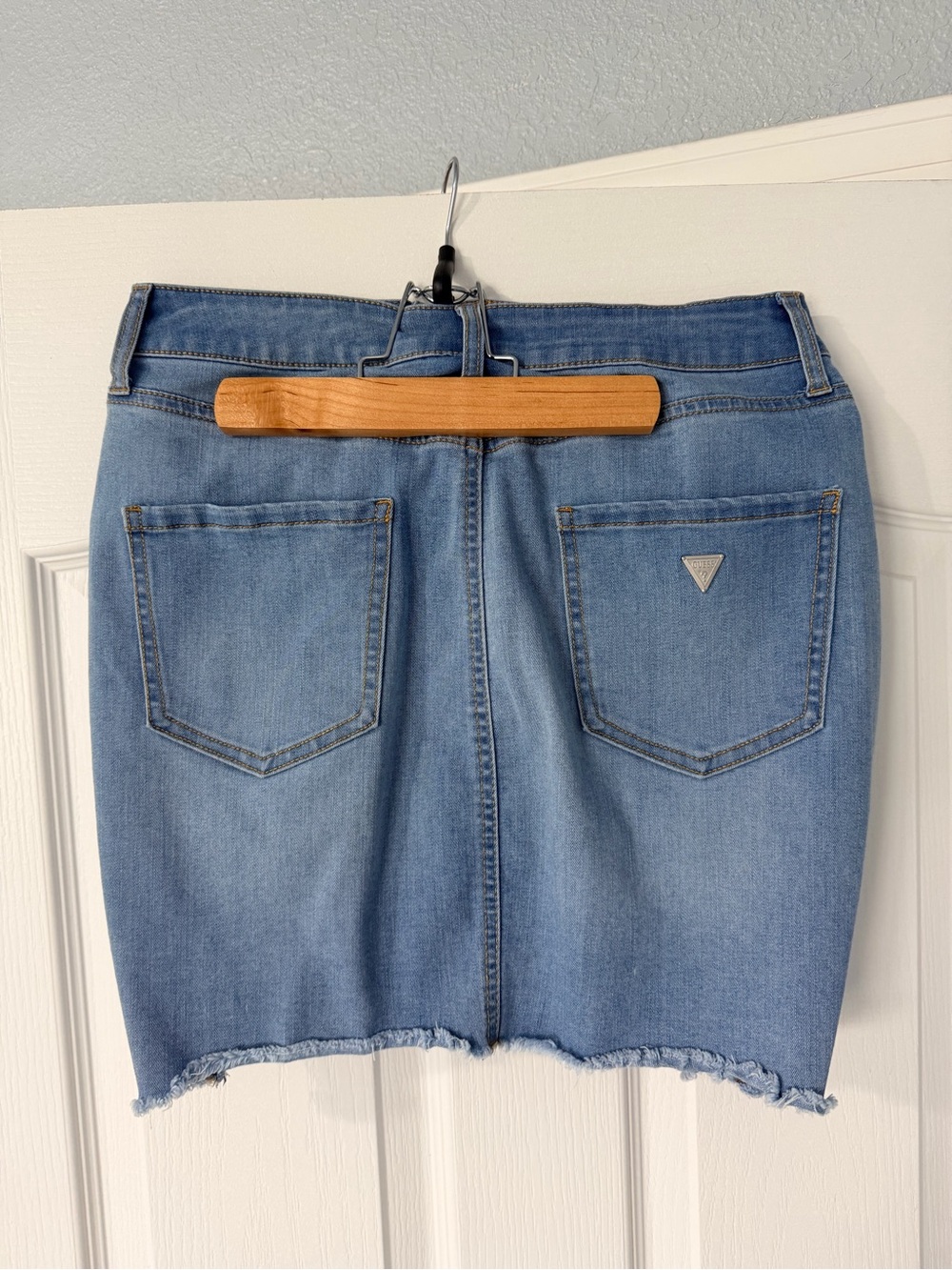 {GUESS} Light Blue Wash Distressed Denim Mini Skirt - Front High Waisted Buttons - Picture 6 of 14